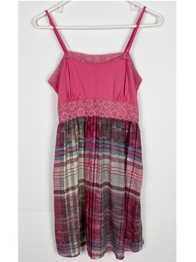 Mossimo Dress Medium Pink Camisole Lace Top Plaid Tie Back Y2K Empire Waist